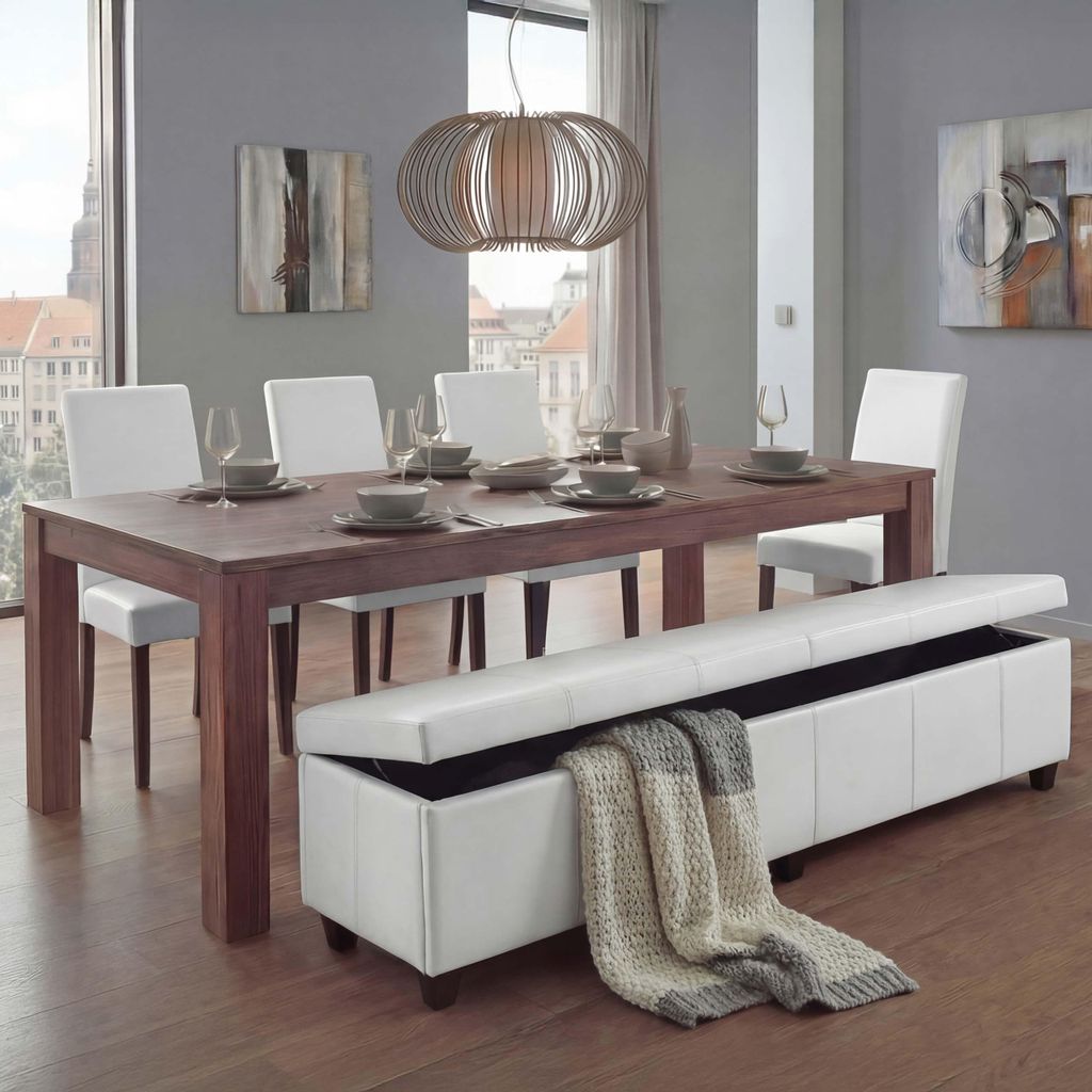 Garnitur Sitzgruppe Bank mit Aufbewahrung Kriens XXL+4 Stühle Littau, Leder weiß