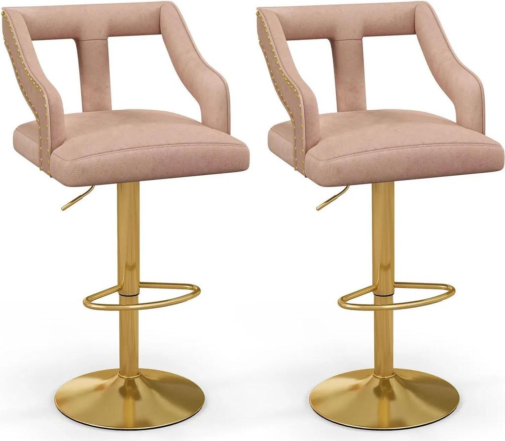 2er-Set Barhocker - Drehbar - Höhenverstellbar 63–85 cm - Samt - Mit Rückenlehne & Fußstütze - Rosa/Gold