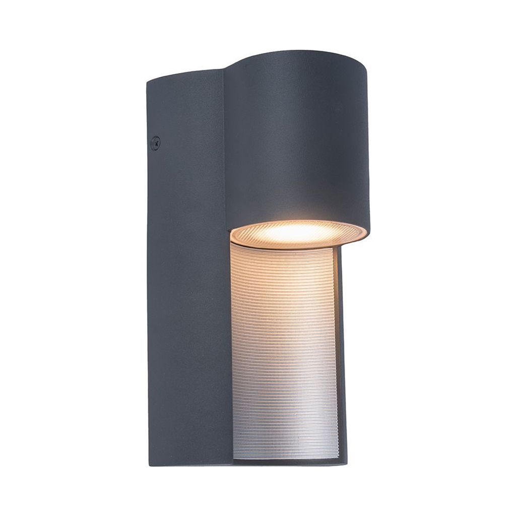 A modern outdoor wall light with a dark gray finish and a ribbed glass diffuser.