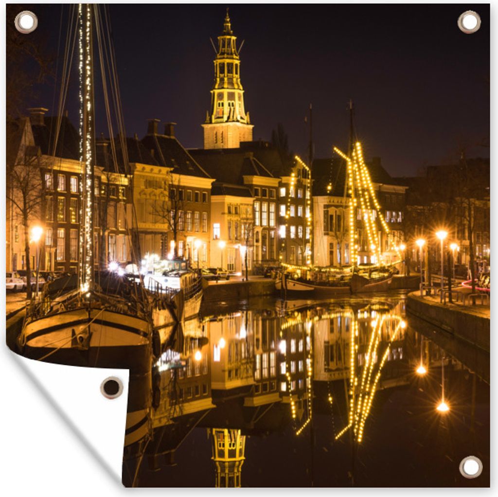 MuchoWow 100x100 cm Outdoor-Poster Gartendeko Sichtschutz Garten Poster für den Garten Groningen - Nacht - Lichter