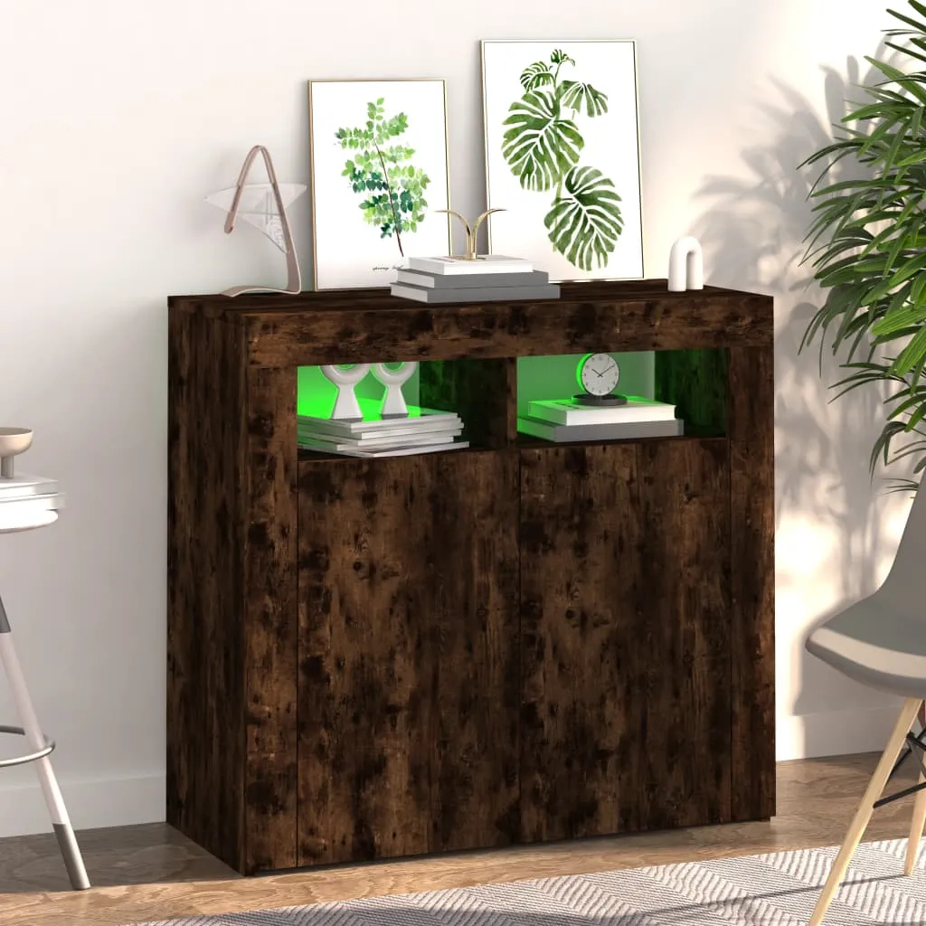 Sideboard moderne avec éclairage LED chêne fumé buffet bas de salon 80 cm
