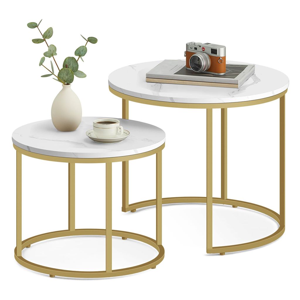 FORTENA Couchtisch Set 2tlg Rund, Marmor Look, mit goldenem Produktbild 