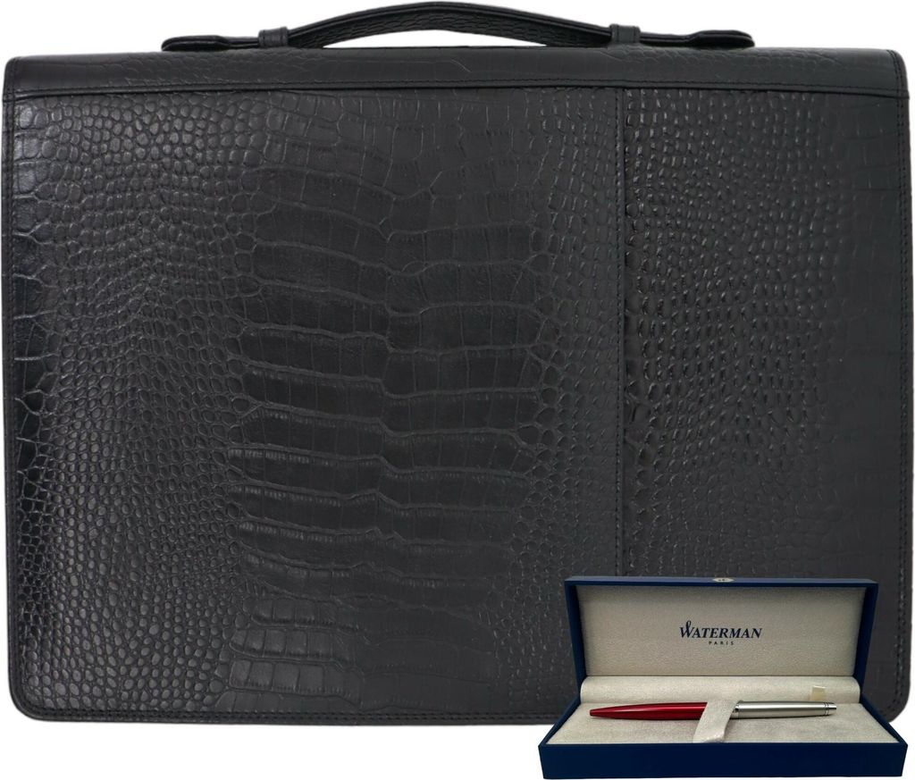 Schreibmappe A4 mit Ringbuch - Schreibmappe A4 mit Griff und mit Reißverschluss - Konferenzmappe - Schwarz Kroko