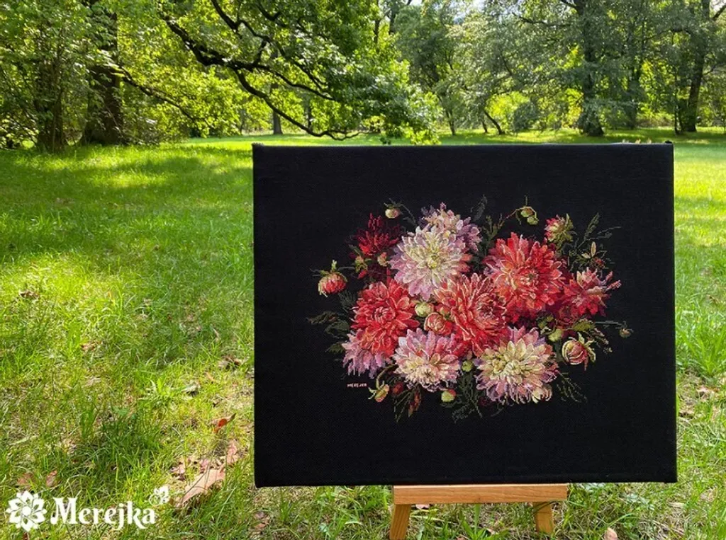 Kit de broderie point de croix Merejka K-219 Dahlias fleurs multicolores