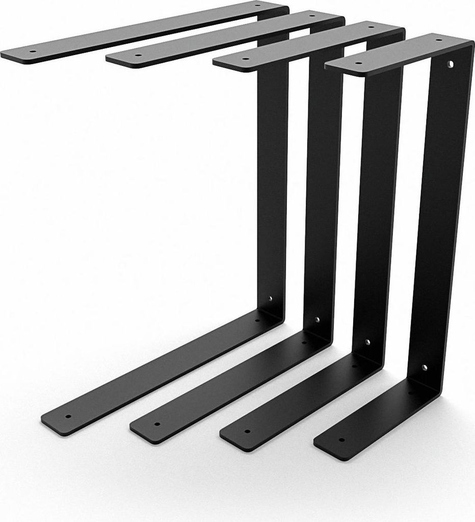 A set of black metal shelf brackets arranged in a line on a white background.