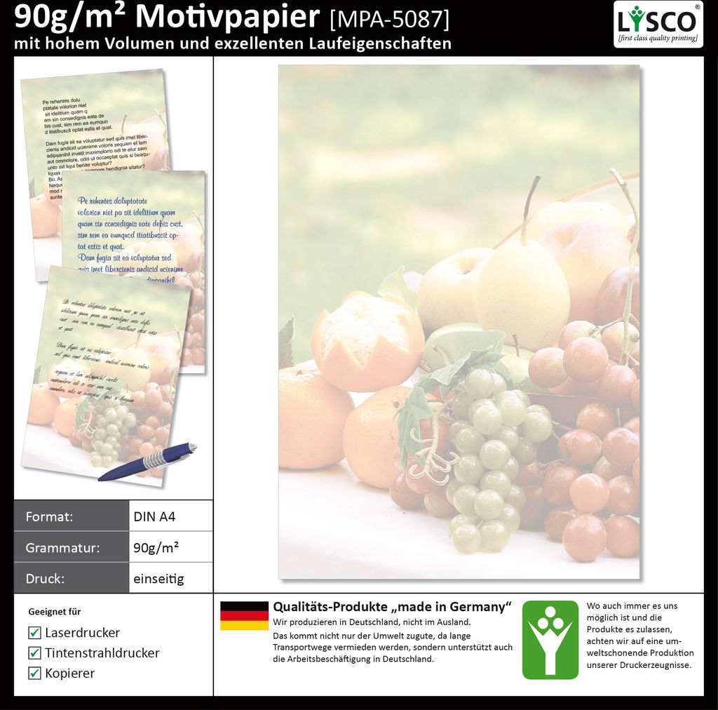 Motivpapier Briefpapier (Obst-5087, DIN A4 25 Blatt) frische Früchte Weintrauben Äpfel Manderinen Gastronomie Bioladen Obsthandel