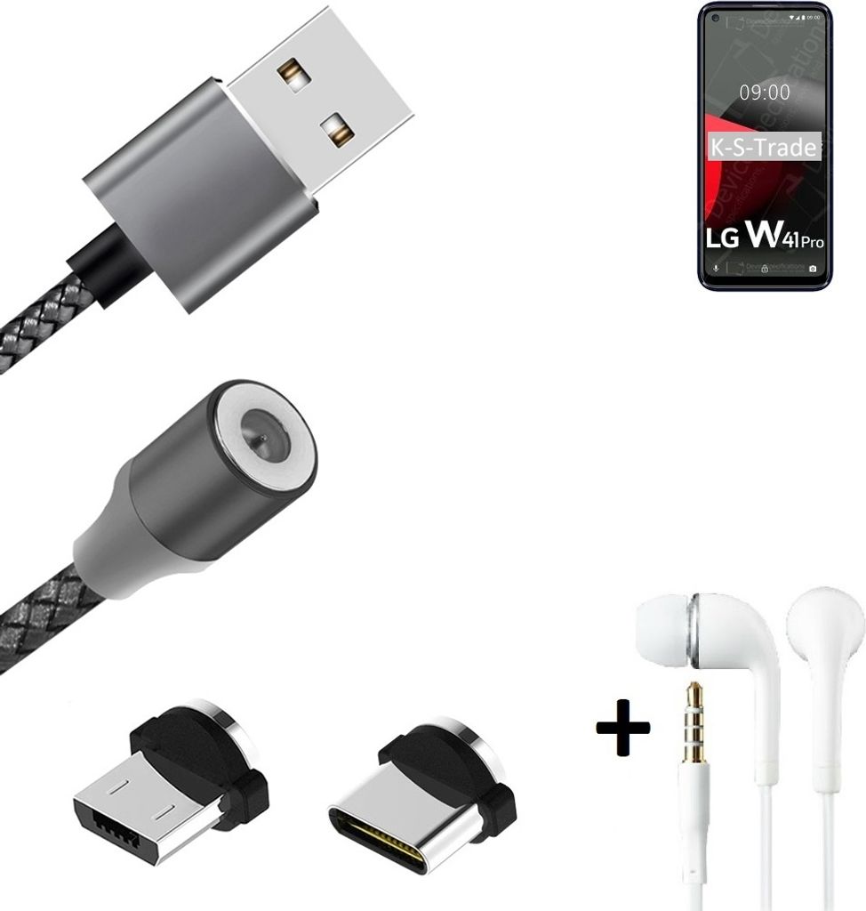 K-S-Trade Hochwertiges Magnet-Lade-kabel Sync-Kabel Daten-Kabel + Kopfhörer kompatibel mit LG Electronics W41 Pro mit USB-Typ-C-Anschluss und
