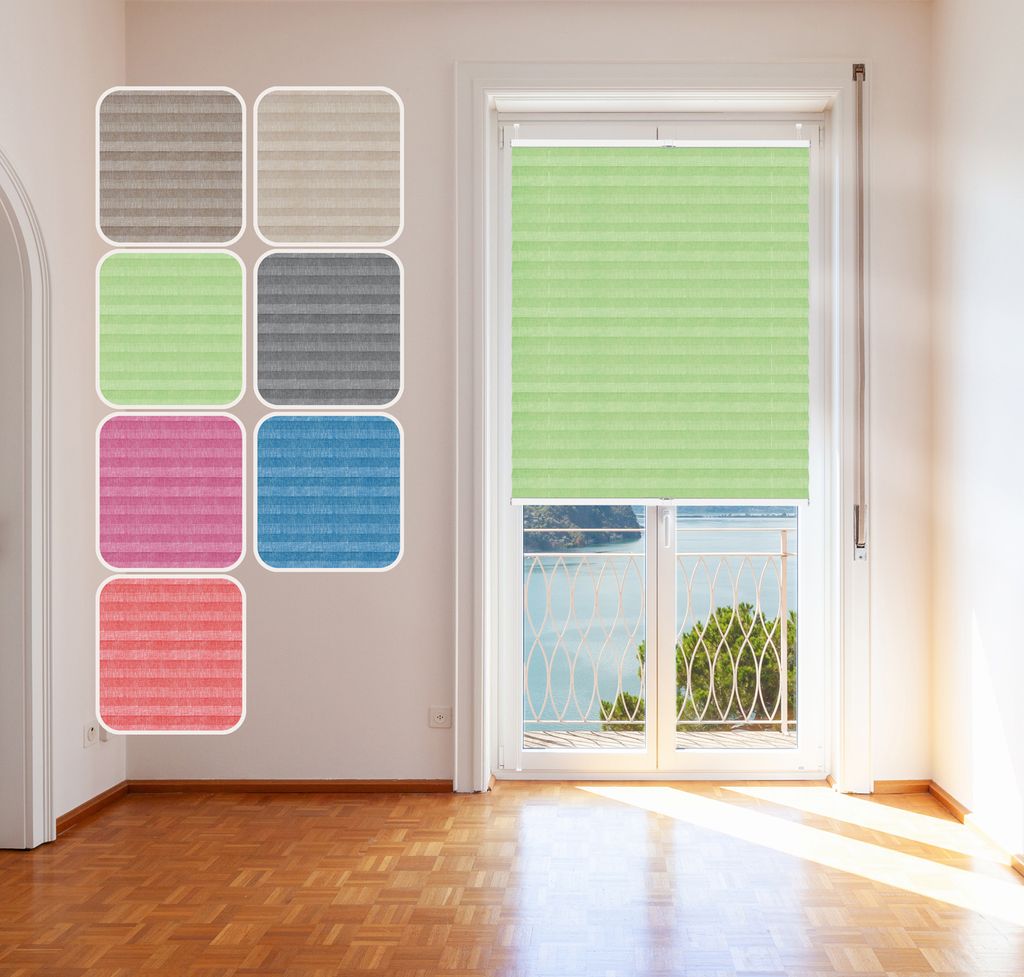 Plissee Grün 105x120cm mit Alu-Profil, Stoff in Jeans-Optik, KlemmFix Halterung ohne Bohren, Melange