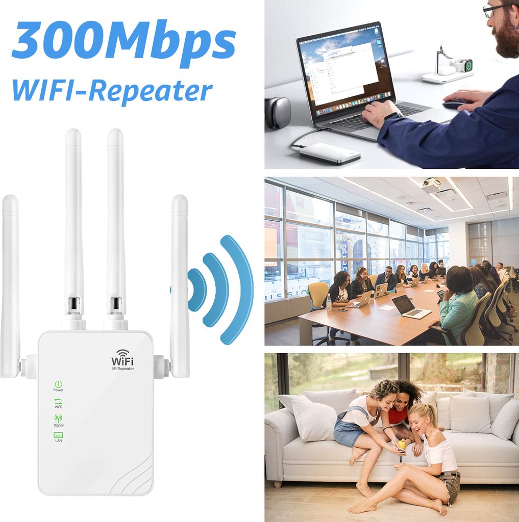 VSIUO WLAN Verstärker Repeater 2,4 GHz 300 Mbps, WiFi Extender Booster mit Repeater/AP/Router Modus, WPS, Long Range Amplifier bis zu 250 m², Weiß