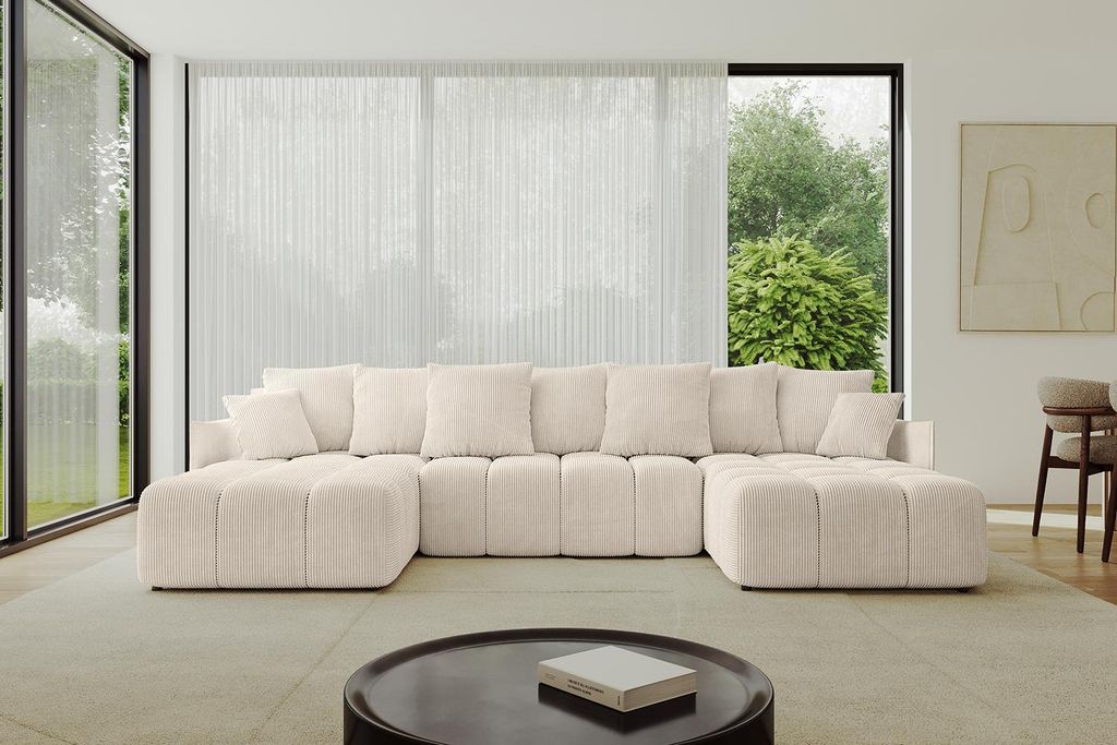 ALTDECOR Ecksofa in U-Form mit Schlaffunktion und Bettkasten LONLI-U 355x189x68 cm Beige - Corner Sofa Bett Eckcouch Couch L-Form Schlafcouch Auszi...
