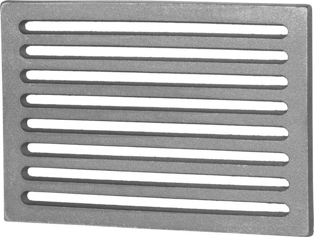 A rectangular cast iron grate with horizontal slots.