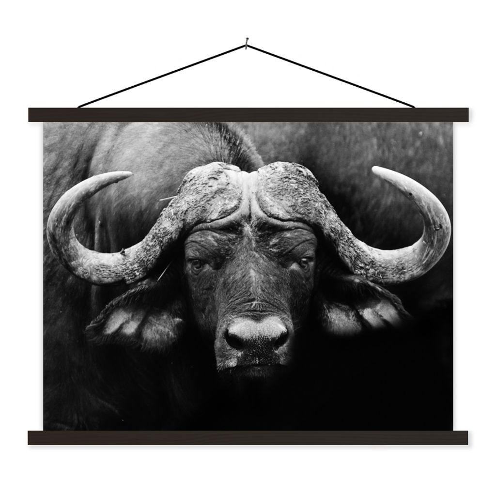 MuchoWow Textilposter Tiere - Büffel - Schwarz - Weiß - Porträt 150x113 cm mit schwarzem Rahmen - Wohnzimmer