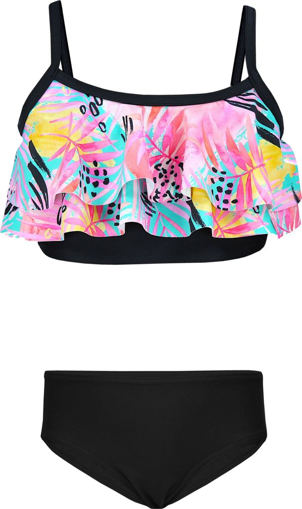 Aquarti Mädchen Bikini Set Bustier Bikinislip Zweiteiliger Badeanzug, Farbe: 030I mit Rüschen / Blätter / Rose / Gelb / Schwarz, Größe: 164
