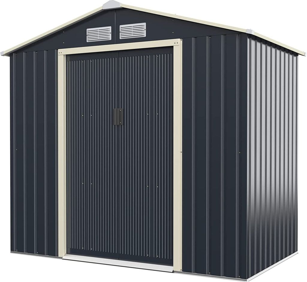 Gerätehaus Metall, Geräteschuppen mit 2 Schiebetüren & 4 Lüftungsfenstern, Gartenhaus Satteldach, Garten Schuppen Outdoor, Grau (213x127x195 cm)