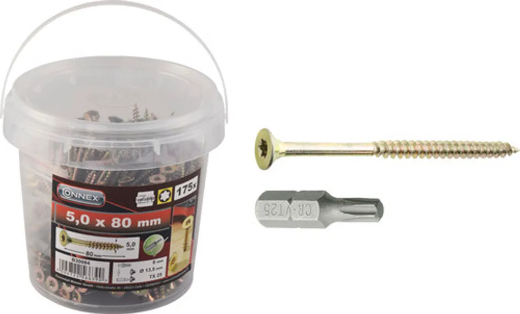 Vis à Bois et Aggloméré Connex 5x80 mm avec Empreinte Torx TX25 - 175 pcs