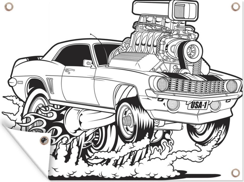MuchoWow 80x60 cm Outdoor-Poster Gartendeko Sichtschutz Garten Poster für den Garten Schwarz-Weiß-Illustration eines speziellen Muscle Cars