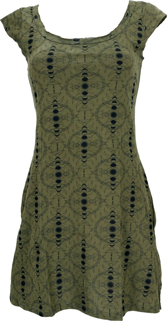Ethno Minikleid, Goakleid mit Ärmelchen, Druck - Olivgrün, Damen, Baumwolle, Größe: S