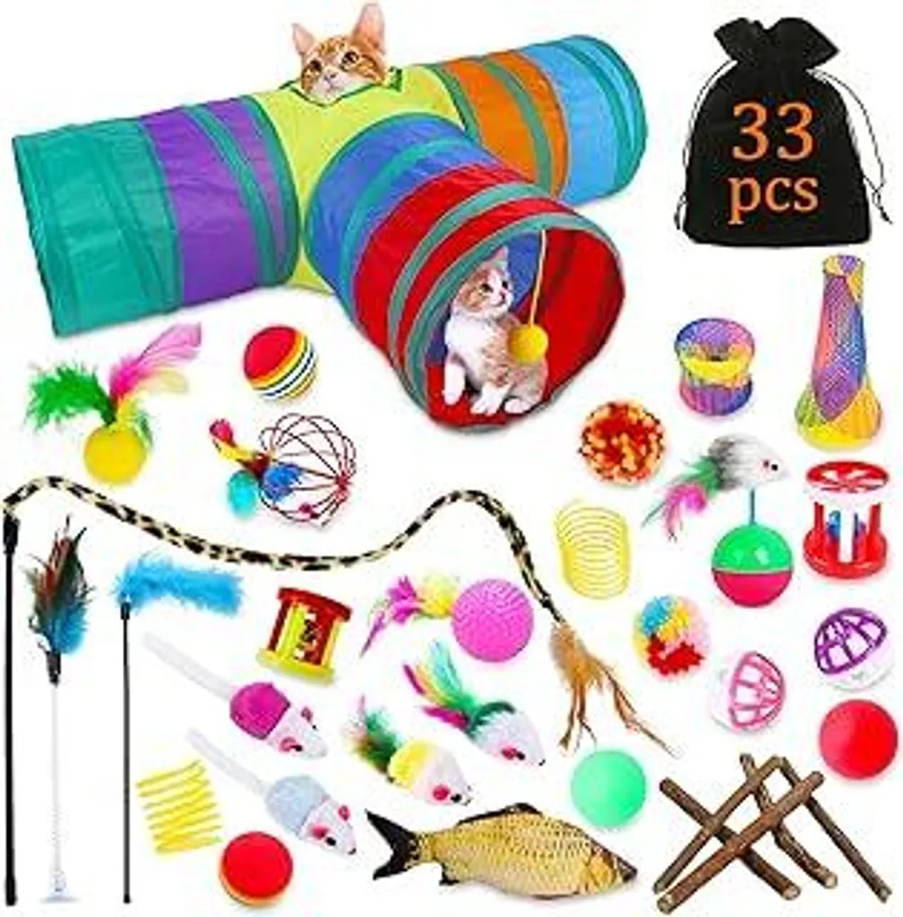 Set di 33 giocattoli per gatti con tunnel, pacchetto assortito di giocattoli per gatti Kitty