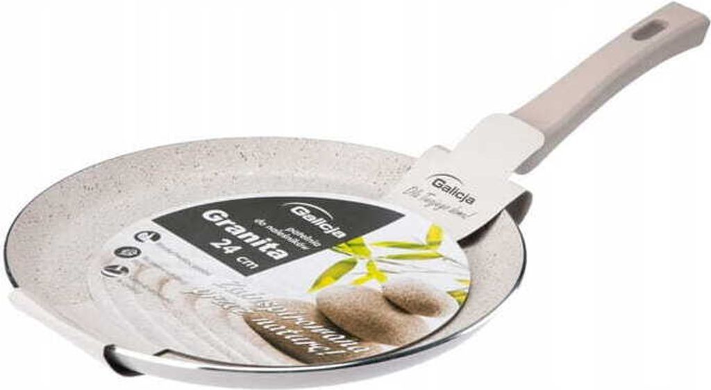 A frying pan with a label attached to its handle, set against a white background.
