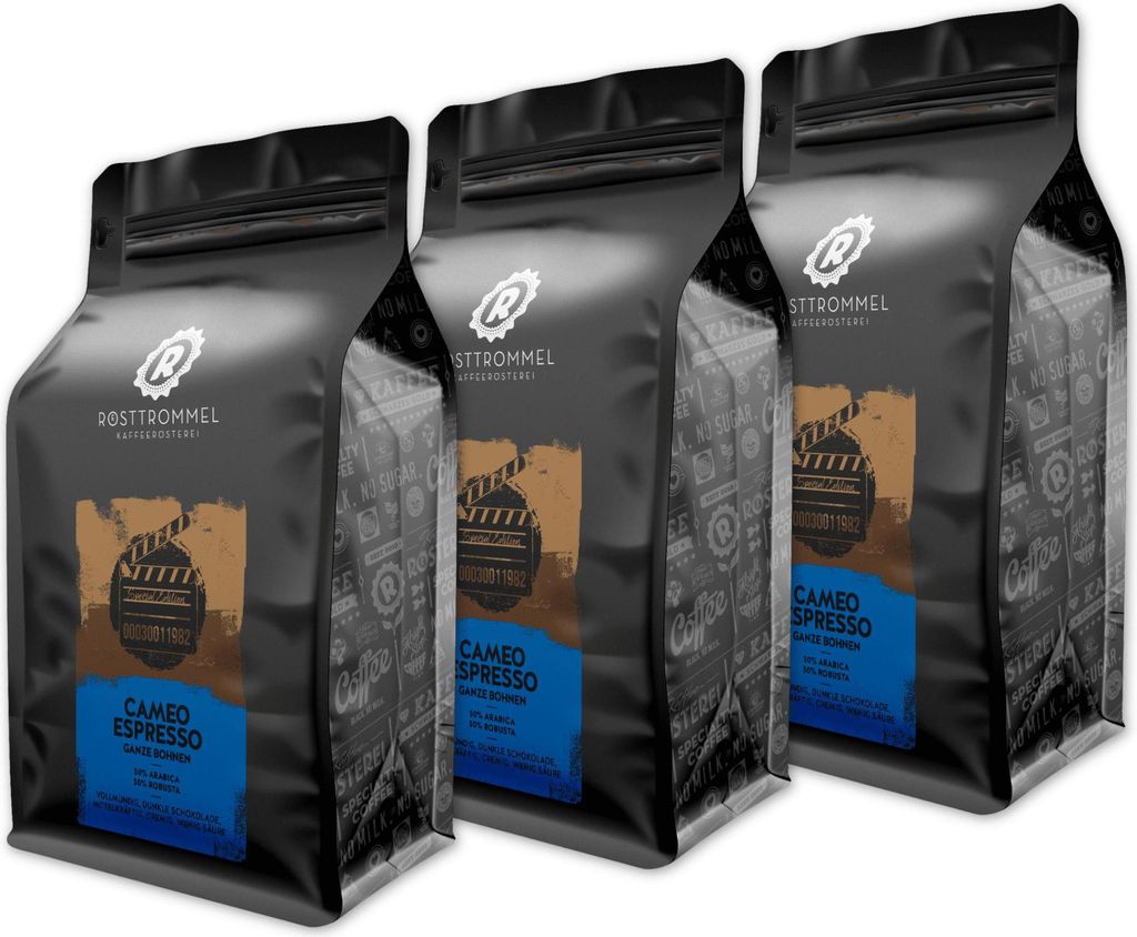 RÖSTTROMMEL Cameo, ESPRESSO, Ganze Kaffee-Bohnen 3x1kg, 50% Arabica, 50% Canephora, Röstung 8/10, 50% Brasilien, 50% Indien, Geschmack: Italienis...