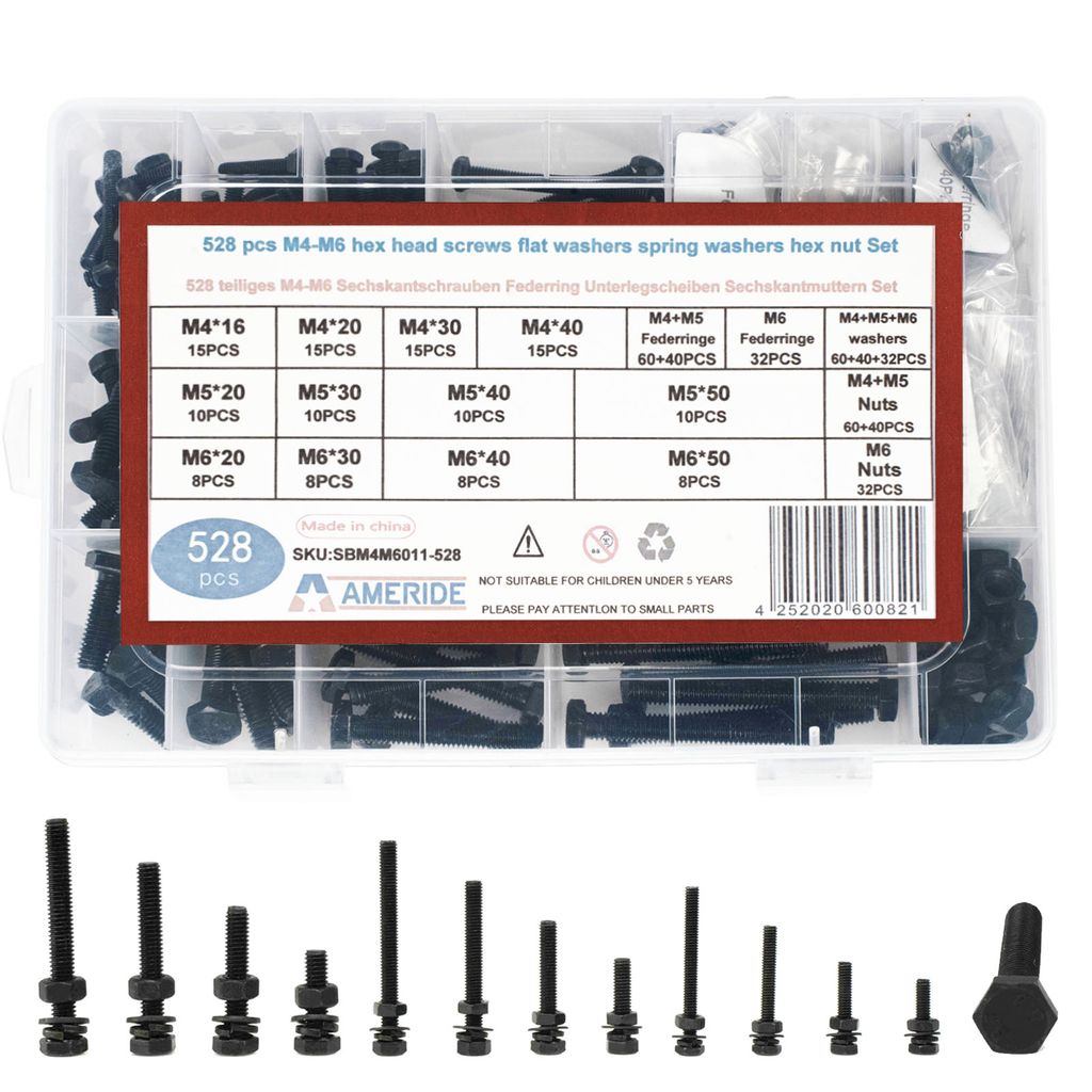 528PCs Sechskantschrauben Kohlenstoffstahl M4 M5 M6 Schrauben mit Muttern Unterlegscheiben und Federringe Sortiment Kit Schwarz