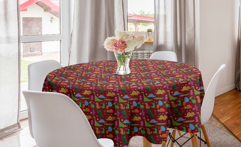ABAKUHAUS Dino Runde Tischdecke, Monster Buntes Gekritzel, Kreis Tischdecke Abdeckung für Esszimmer Küche Dekoration, 150 cm, Ruby und Multicolor