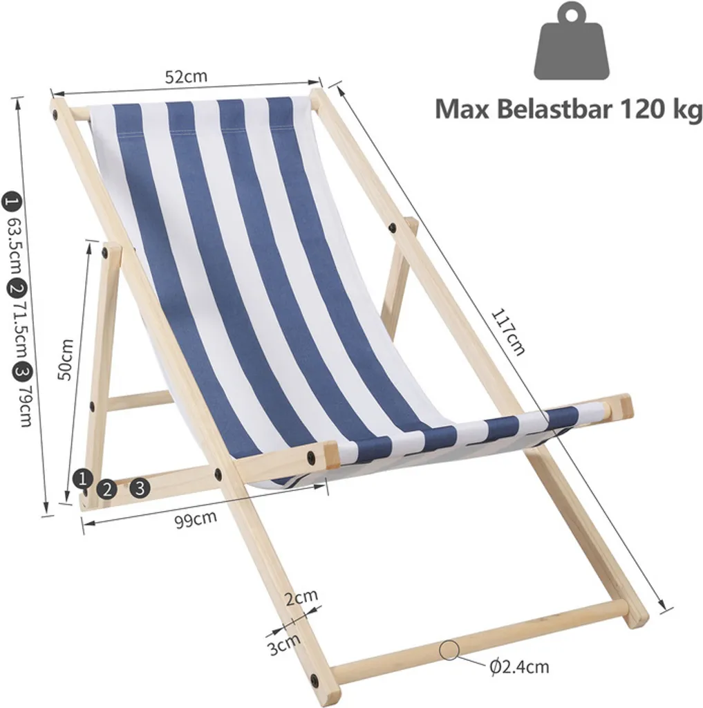 Sedia da Sole SWANEW Legno Pieghevole per Famiglia: Blu e Bianco - 4
