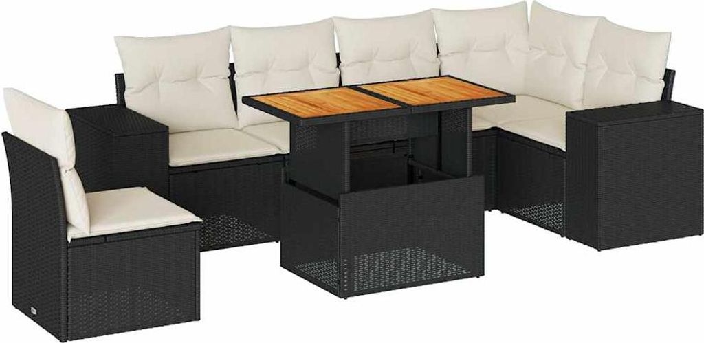 vidaXL 7-tlg. Garten-Sofagarnitur mit Kissen Schwarz Poly Rattan