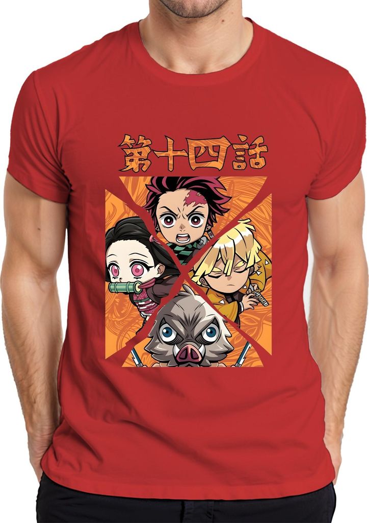 Kimetsu no Yaiba Tanjiro Nezuko Zenitsu Inosuke Chibi Geschenk Herren T-Shirt, Rot, M