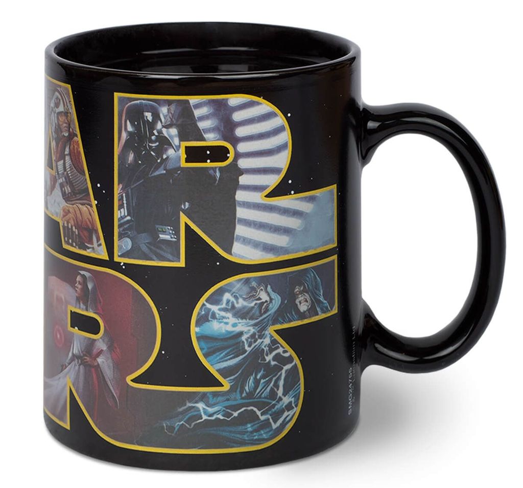 A black mug with Star Wars characters and logo.