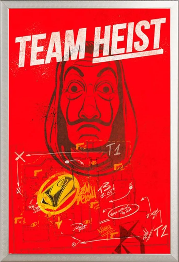 La Casa de Papel - Poster - Money Heist + cornice rimovibile, Shinsuke® Maxi alluminio argento, vetro acrilico