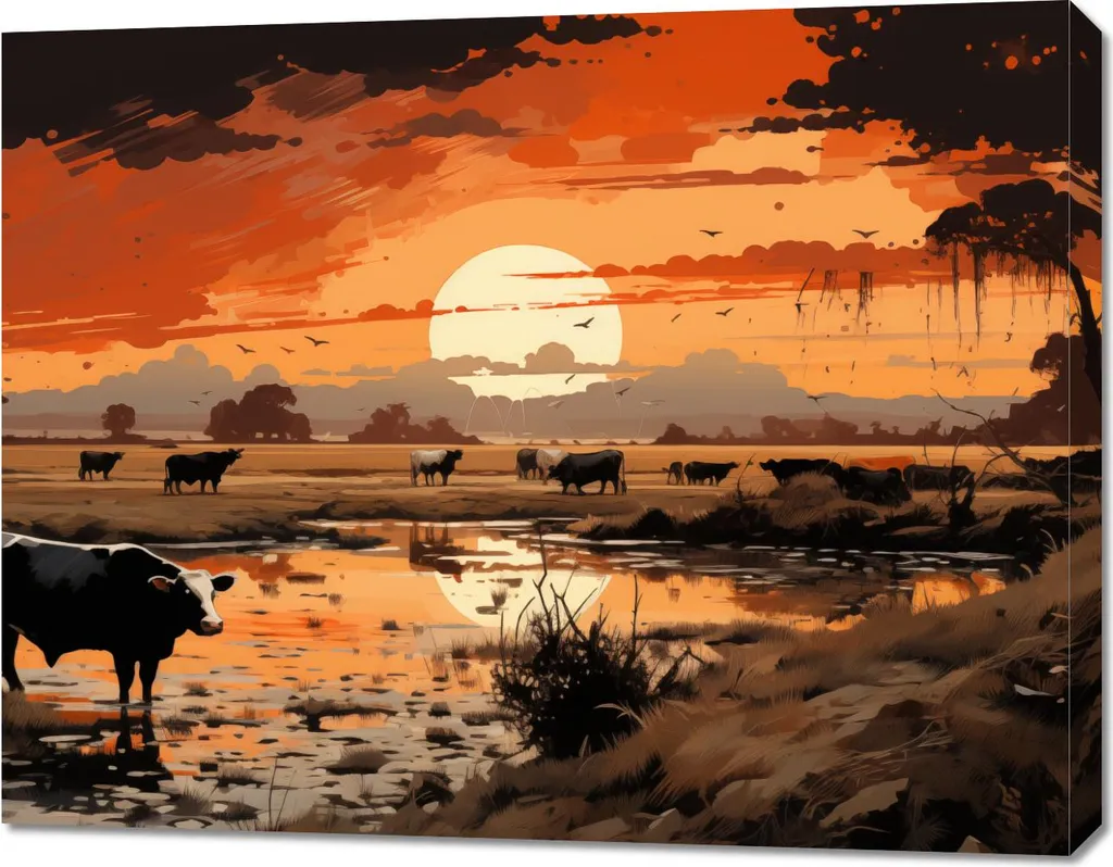 Tableau Image 90 x 70 cm Ambiance pastorale au crépuscule Ref 7401