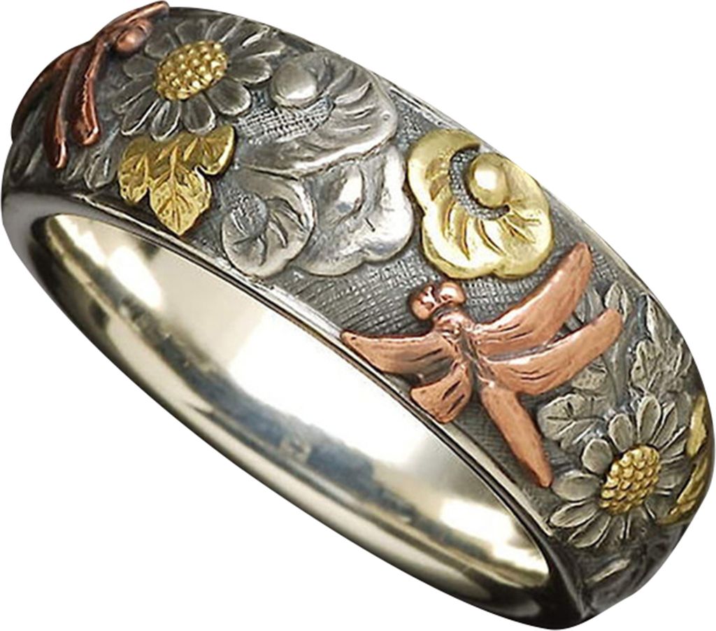Frauen Männer Elegantes Sonnenblumenmuster Libelle Design Fingerring Band Schmuck-US 11
