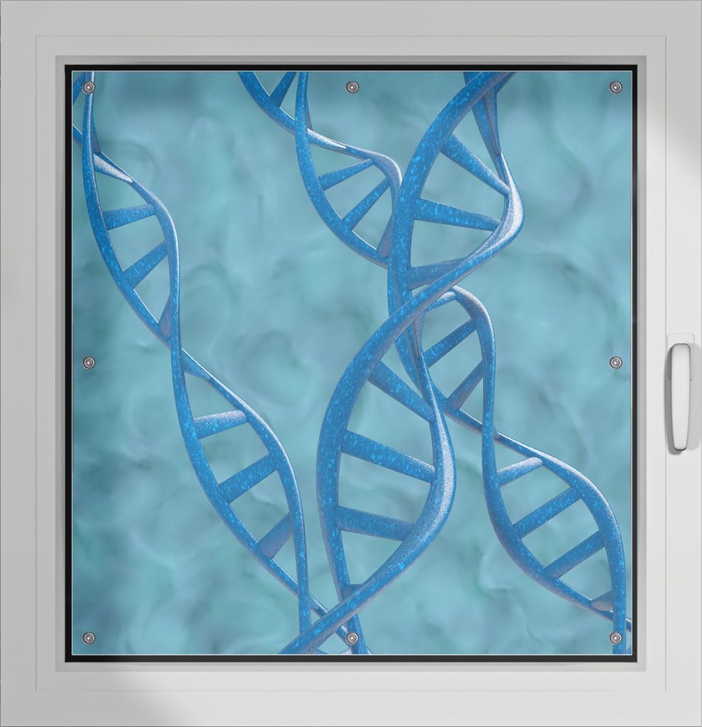 Wallario Lichtschutzbild, Dekorativer Sichtschutz Sonnenschutz 96 x 93 cm mit Motiv: DNA-Strang in blau auf türkisem Hintergrund - Verdunklung ohn...