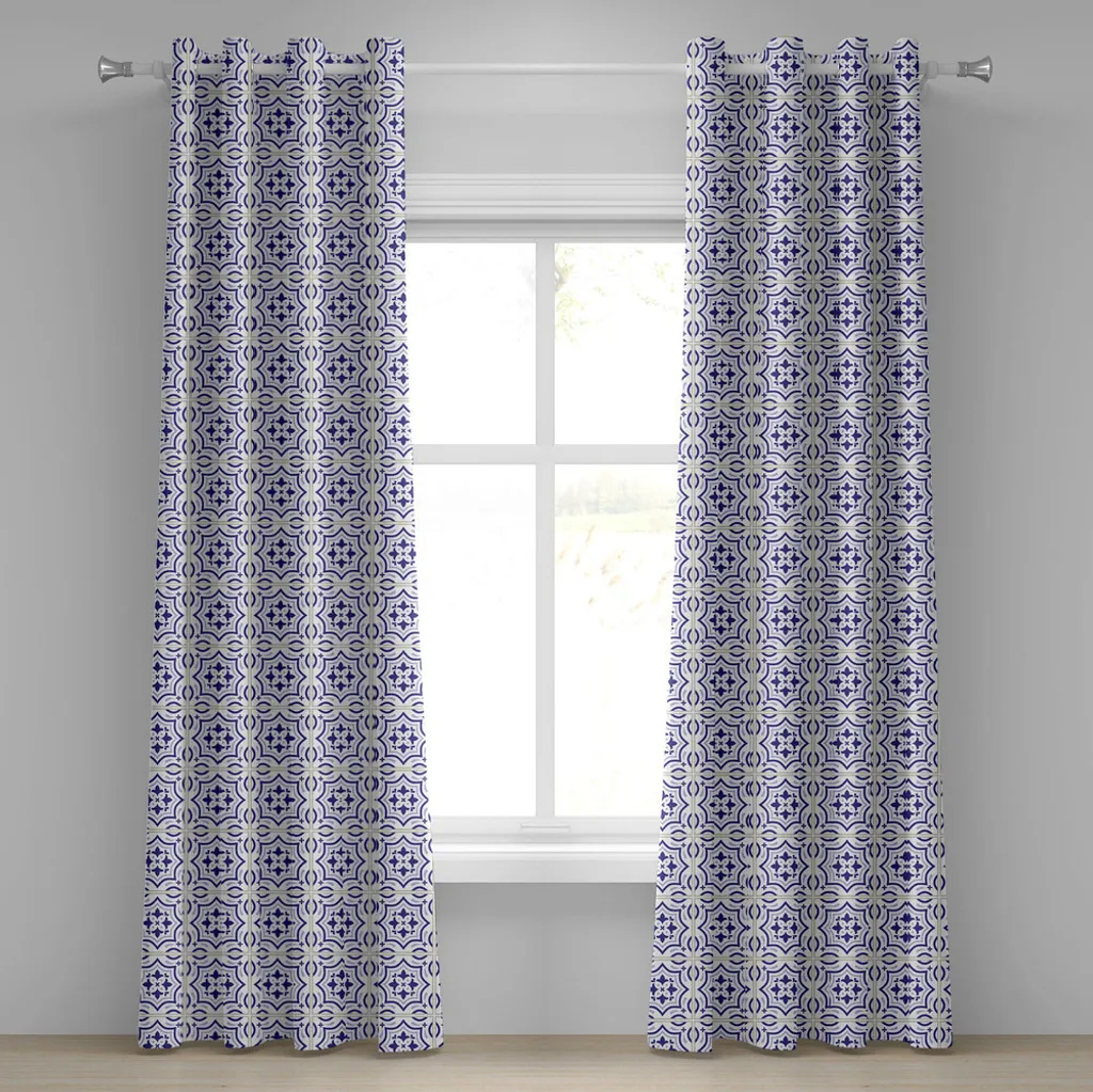 ABAKUHAUS Rideau à Œillets Bleu Marine, Motif Mosaïque Portugais, 280x175cm