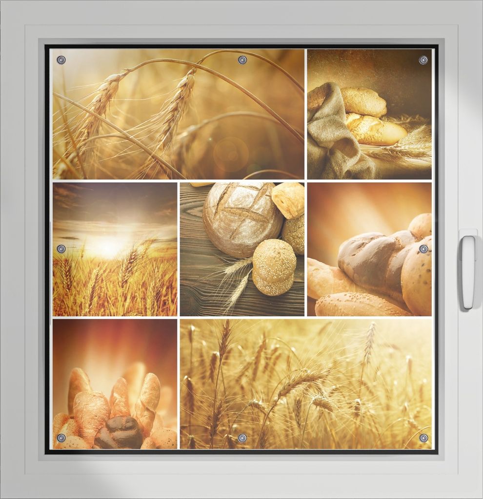 Wallario Lichtschutzbild, Dekorativer Sichtschutz Sonnenschutz 96 x 93 cm mit Motiv: Getreide und Brotsorten aus Weizen - Verdunklung ohne Bohren