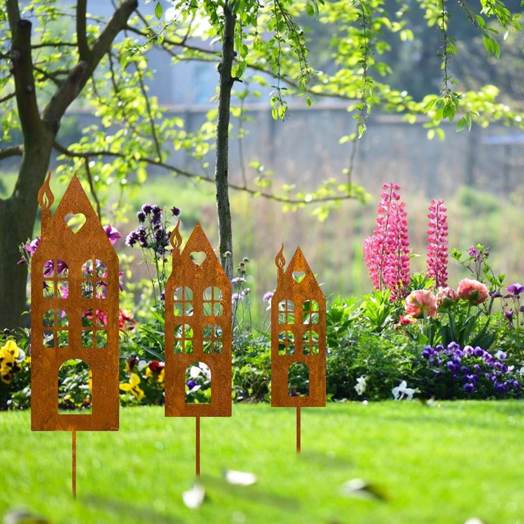 Rostdekoration Gartenstecker - 3 Stück - Patina Metall - Kreatives Gartenaccessoire