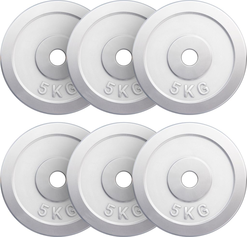 GORILLA SPORTS Hantelscheiben - 30 kg Set, 6 x 5 kg Gewichte, 30/31mm Bohrung, aus Chrom - Gewichtsscheiben