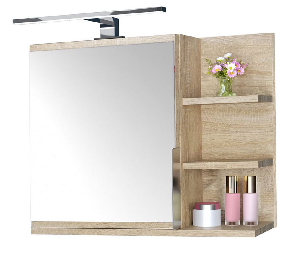 A bathroom cabinet with a mirror and shelves, featuring a light and decorative items.