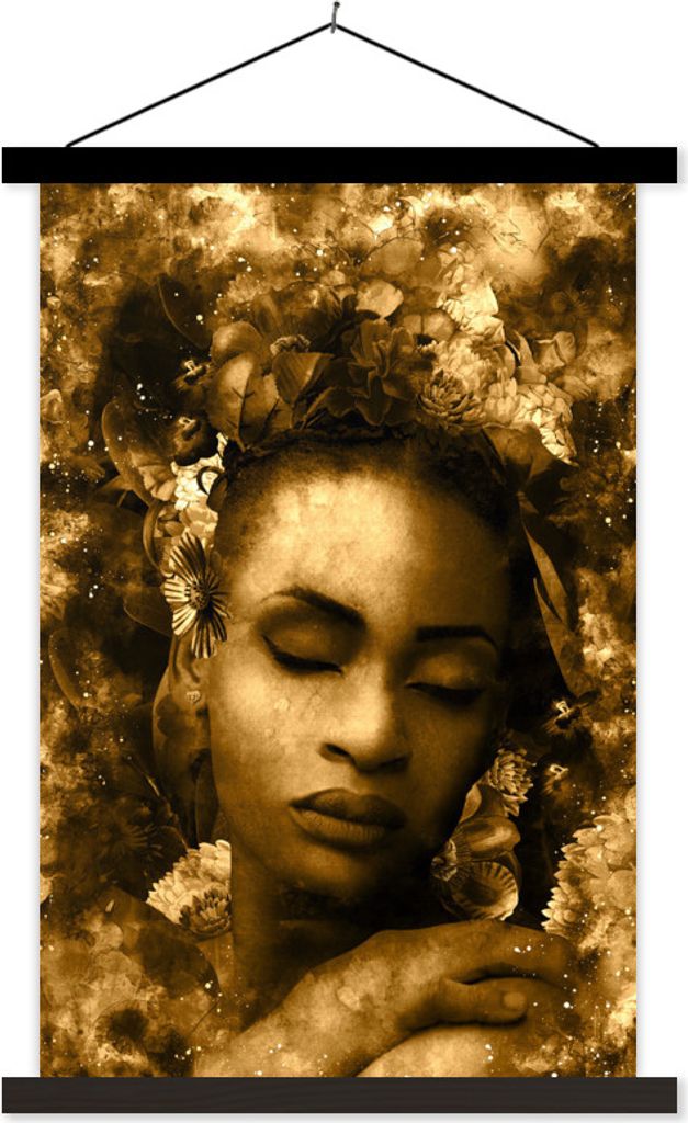 MuchoWow Textilposter Frau - Blumen - Sepia 40x60 cm mit schwarzem Rahmen - Wanddekorationen