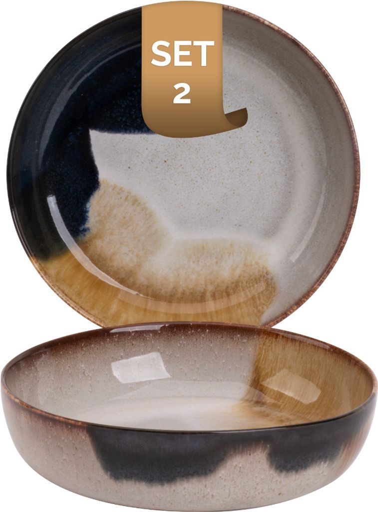 2 x Palmer Aquarel Teller tief, Steingut farbig, Ø 22 cm, für ein 2 Pers Gedeck, mediterran, spülmaschinenfest, Form und Oberfläche kunstgewerb...