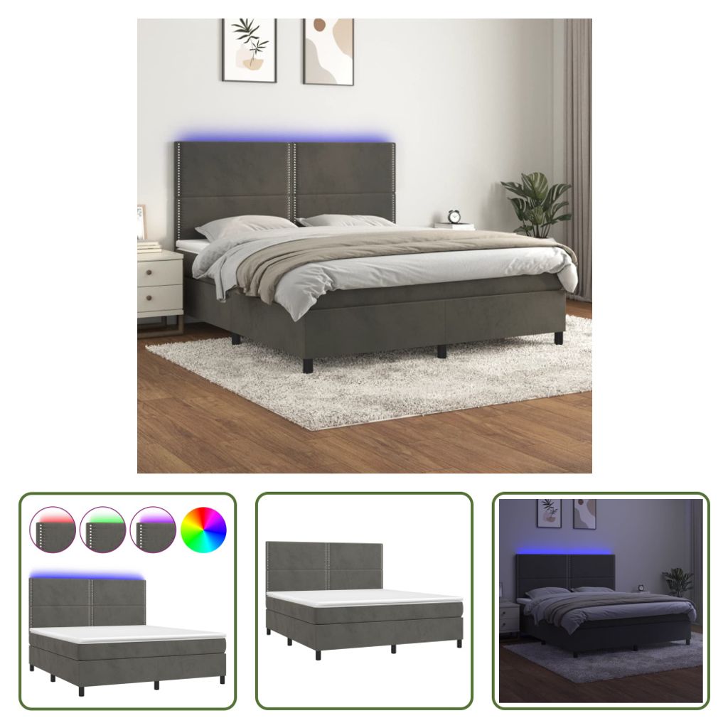 The Living Store Boxspringbett mit Matratze & LED Dunkelgrau 160x200 cm Samt