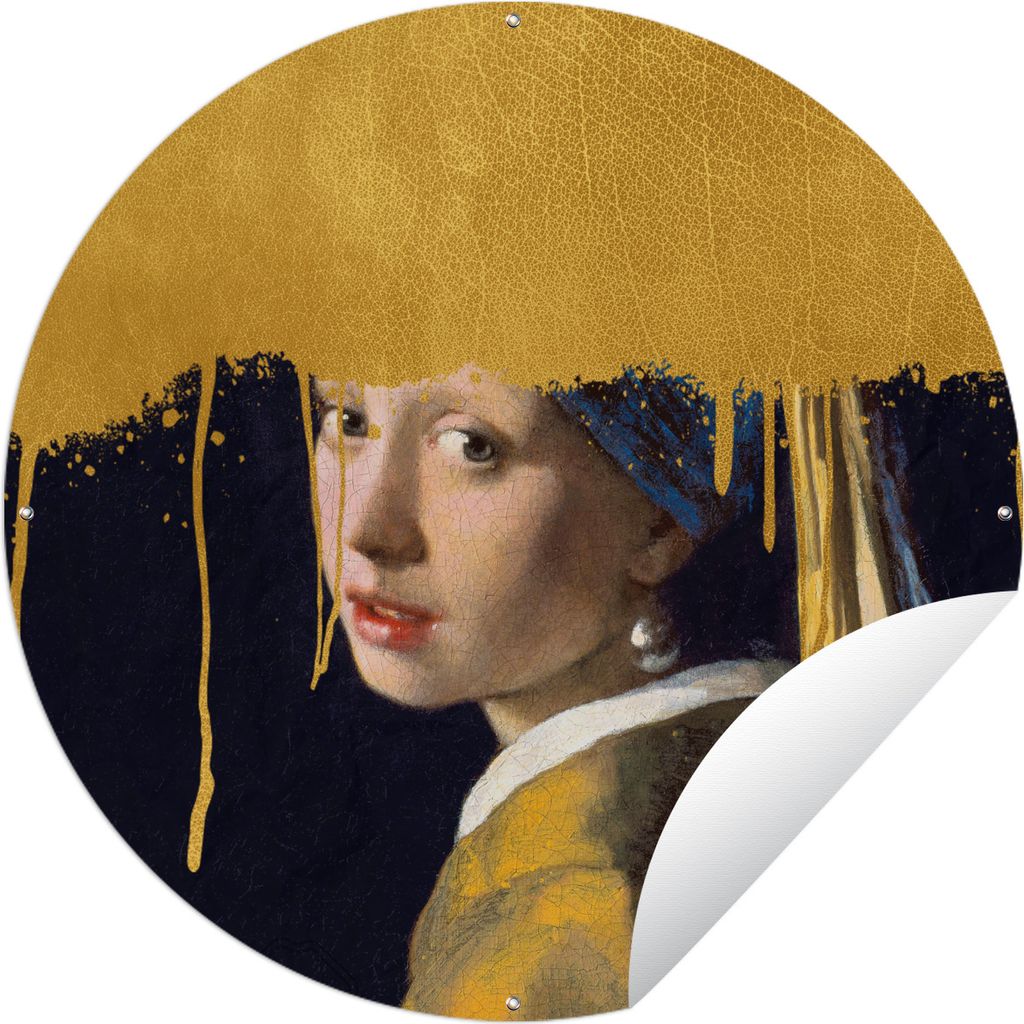 MuchoWow Gartenposter Outdoor-Poster Rund Mädchen mit einem Perlenohrring - Gold - Vermeer Ø 90 cm Gartendeko Rundes Poster draußen