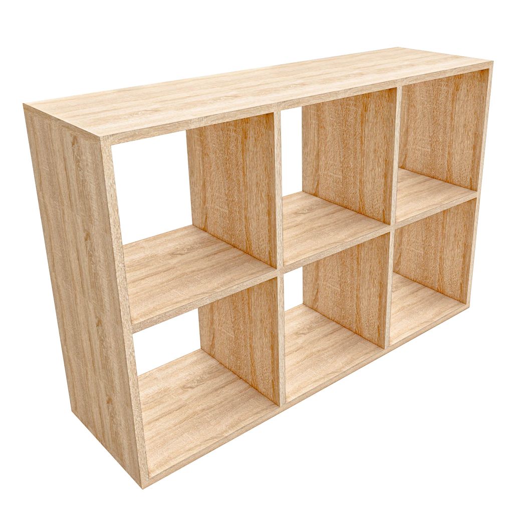 A wooden cube shelf unit with six compartments, shown from a slightly elevated side angle against a white background.