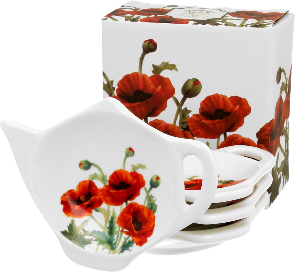 DUO FLORAL 4er-Set Teebeutelhalter CLASSIC POPPIES New Bone China Porzellan