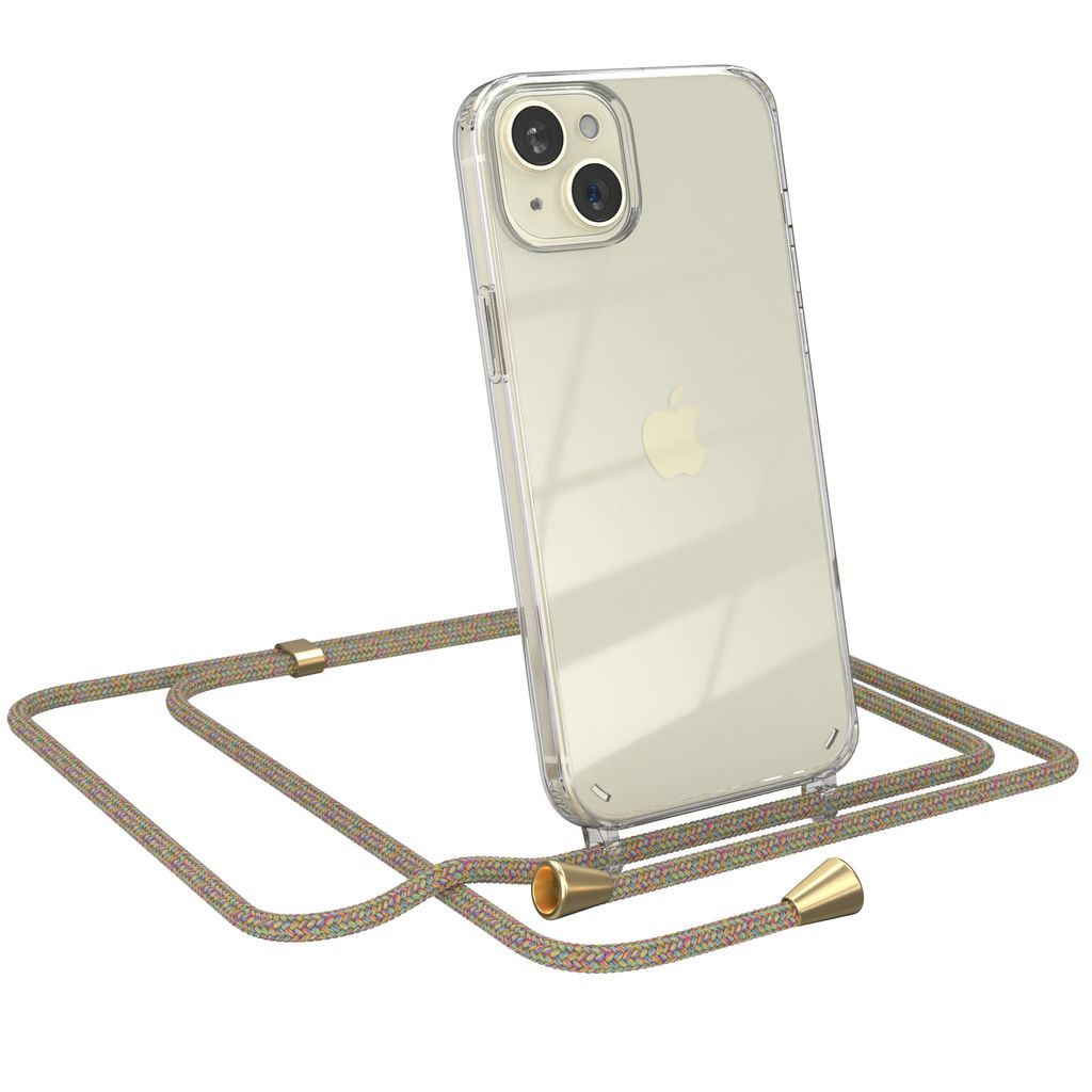 EAZY CASE Handykette kompatibel mit Apple iPhone 15 Plus, Handyhülle mit Umhängeband, Handykordel, Schutzhülle Clear, Band in Bunt