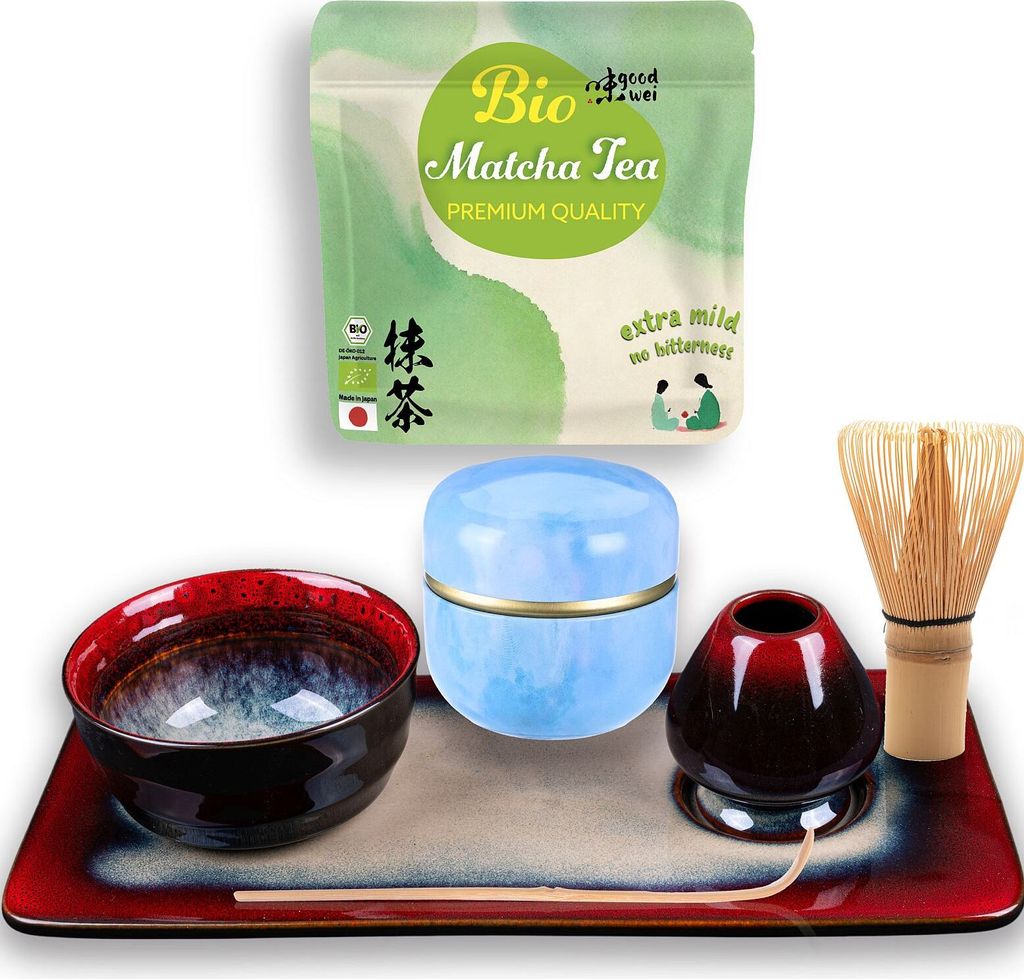 Matcha Premium Set "Menou Red" mit Schale, Besen, Halter, Keramik-Tablett, Teedose + Matcha & Cocos – limitierte Edition für Genießer