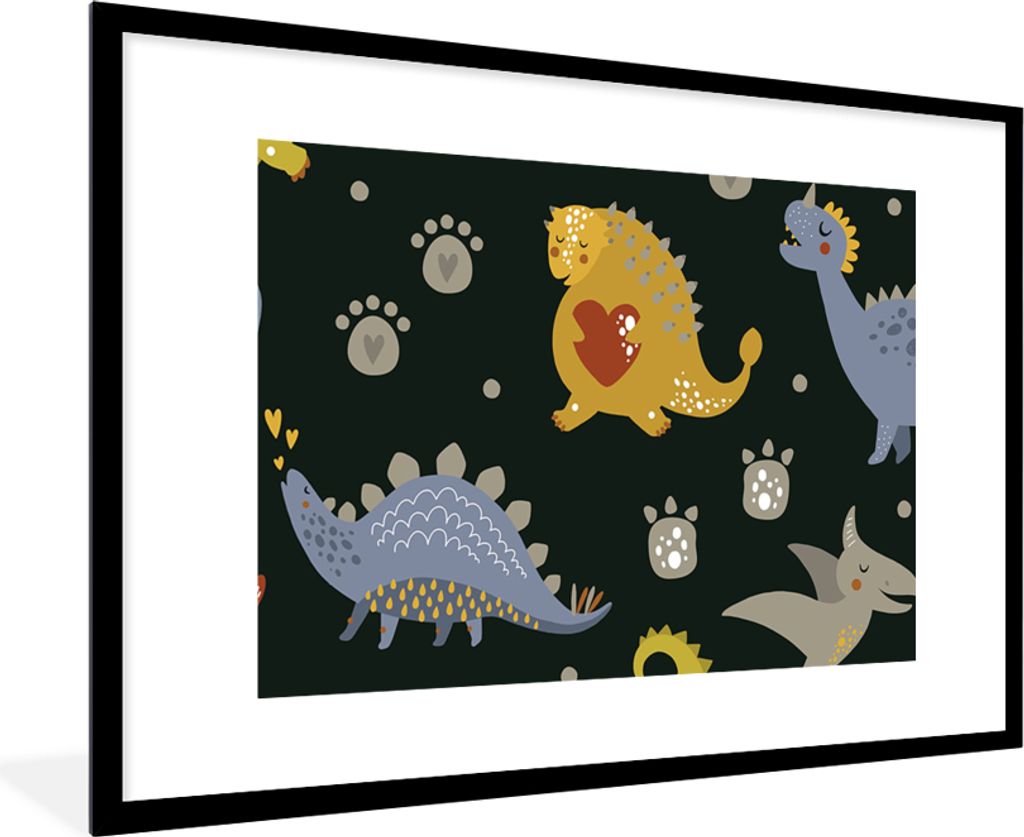 MuchoWow Gerahmtes Poster Dino - Kinder - Schnittmuster - Jungen - Mädchen - Dinosaurier 90x60 cm - Poster mit Schwarzem Bilderrahmen Wandposter...
