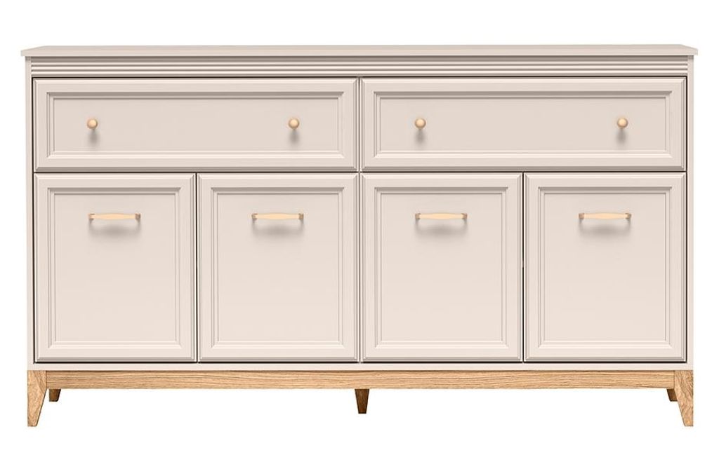 Kommode Windsor W2 Kaschmir & Eiche – Laminierter Korpus, MDF-Fronten, Massivholzfüße 15 cm, 2 Schubladen & 4 Türen