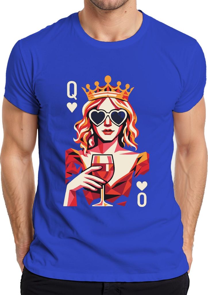 Königin der Herzen Weinglas PopArt Krone Herzbrille Wein Retro Herren T-Shirt, Blau, M